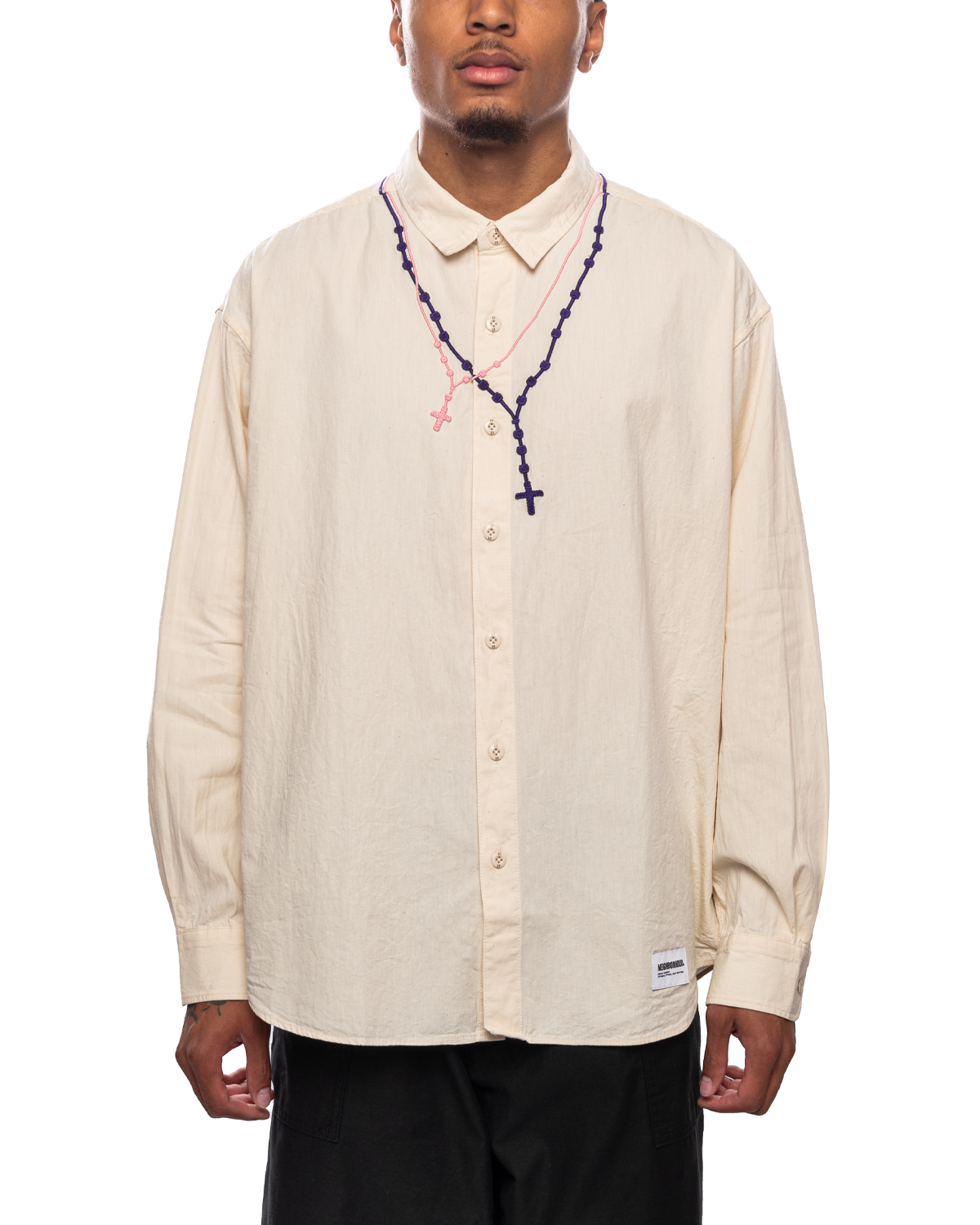 Double Cross Embroidery Shirt LS Natural