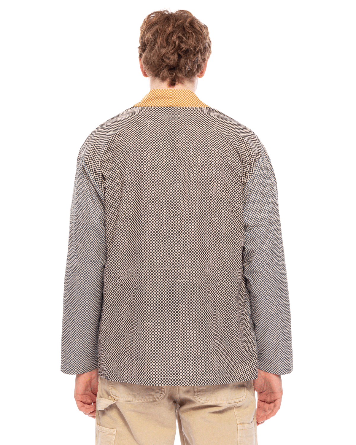 Shawl Lapel Kimono Shirt Checkerboard Print
