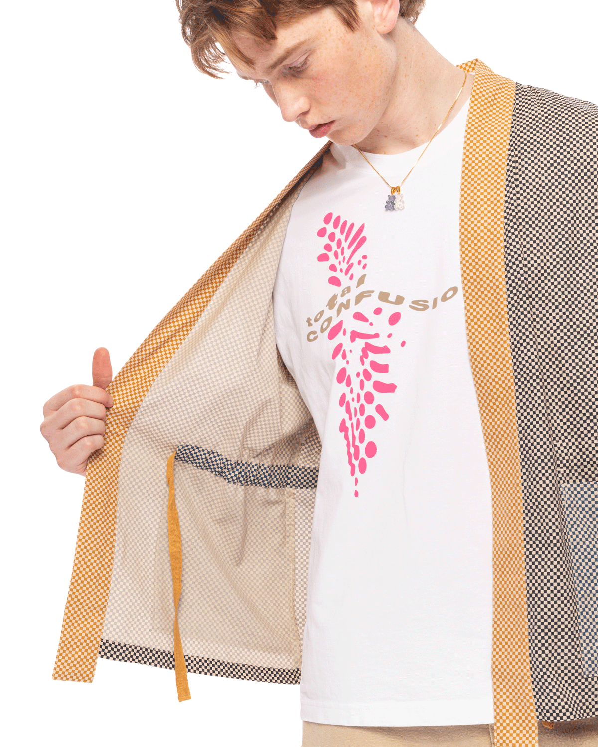 Shawl Lapel Kimono Shirt Checkerboard Print